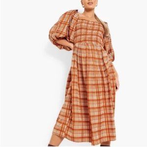 Boohoo Puff Sleeve Smocked Plaid Dress